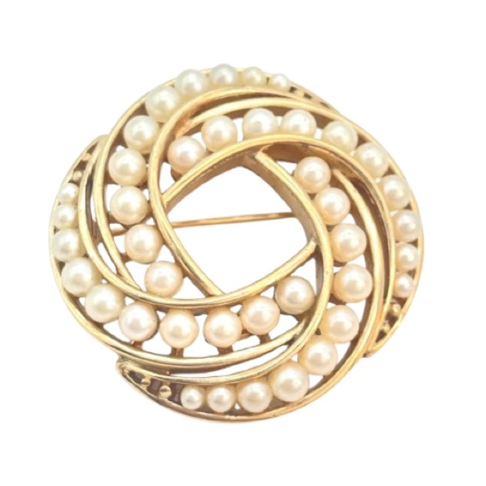 Vintage 50s 60s CROWN TRIFARI Faux Pearl Brooch | Gold Tone Scroll Circle Pin